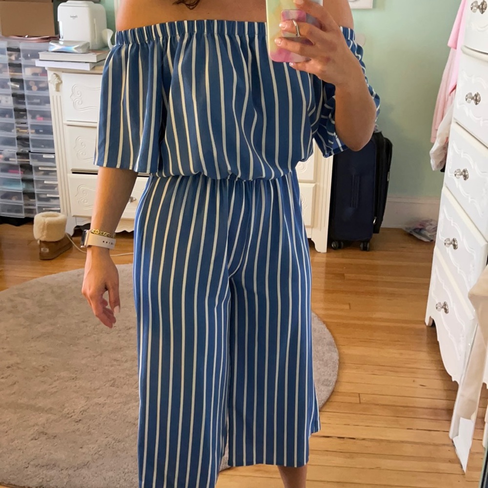 Off the shoulder blue & white stripe jumpsuit